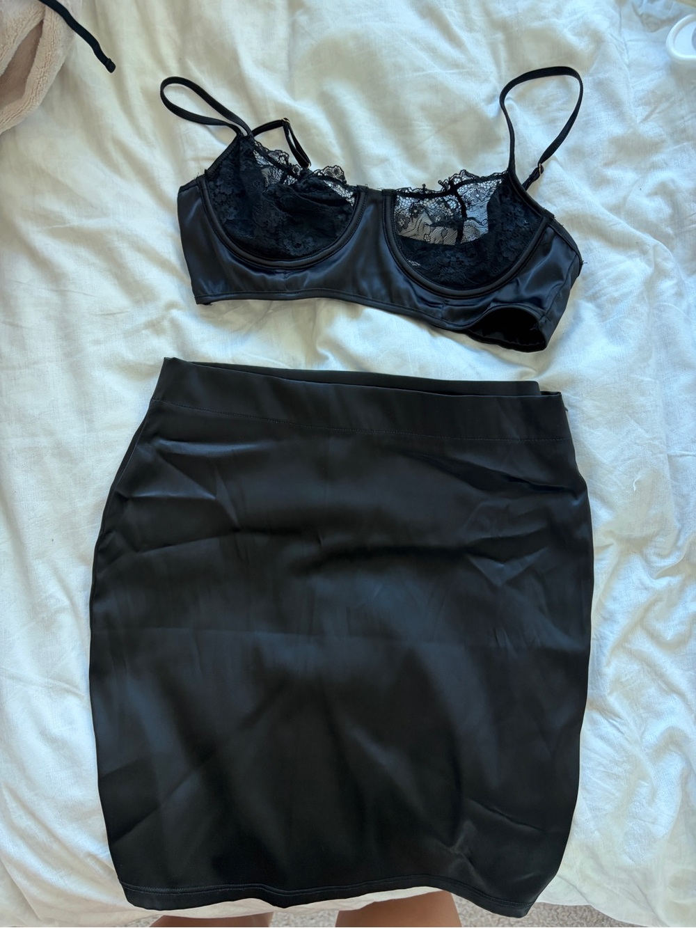 Fashion Nova Black Lace Satin Skirt Set